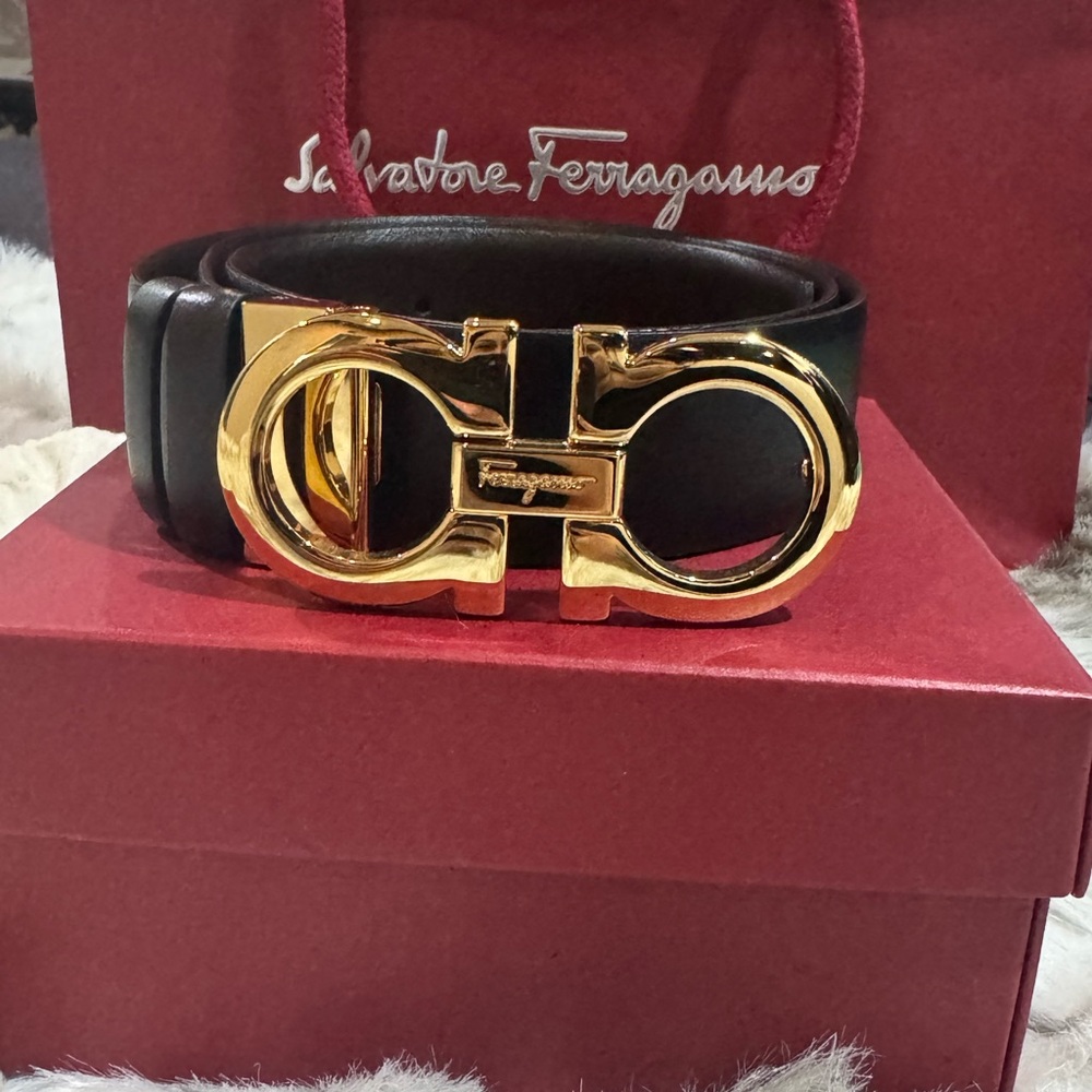Salvatore Ferragamo Black Leather Belt with Gold Gancini Buckle